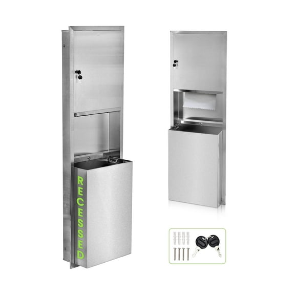 Alpine Recessed Commercial Paper Towel Dispenser with 12 Gallon Trash Can, Stainless Steel for C Fold, Multifold & Tri Fold Paper Towels, Brushed Finish, Lockable for Commercial Bathrooms