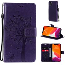 Allytech Wallet Case for iPhone 13 Mini 5G 5.4 inch 2021, Slim Premium Embossed Tree Cat Flowers PU Leather Flip Kickstand Magnetic Snap Hand Strap Case for iPhone 13 Mini 2021, Purple