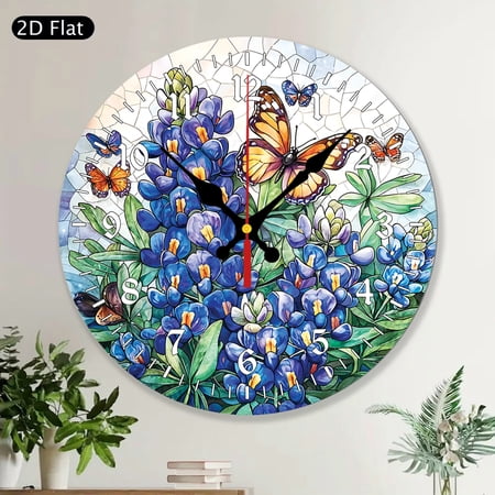 Texas Bluebonnet Butterfly Nature Decorative Wood MDF Round Wall Clock Home Decor Garden Gift