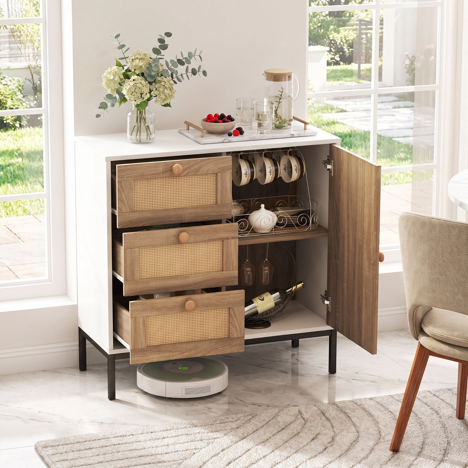 Furnibear Rattan Sideboard Buffet Cabinet with 1 Door and 3 Drawers for Kitchen Dining Living Room Buffet Storage Server, White
