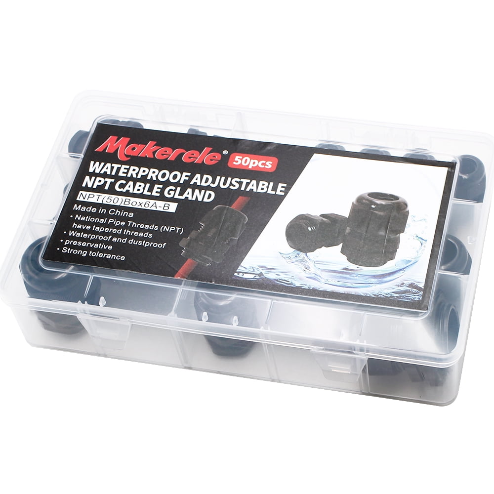 MAKERELE Cord Grip Cable Glands Kit for NPT Waterproof Nylon Strain Relief 1/4” 3/8” 1/2” 3/4” 1” 1-1/4” 50pcs Junction Box Connector Black With Gaskets