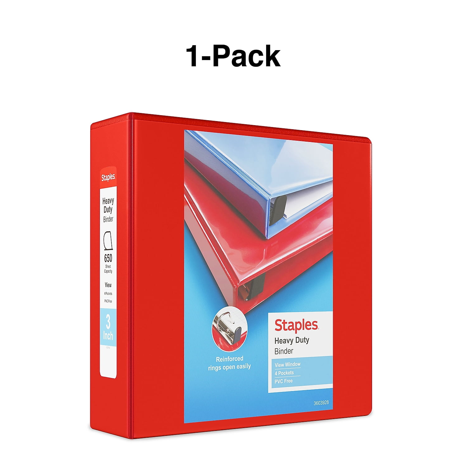 3" Staples Heavy-Duty View Binders with D-Rings Red 976064