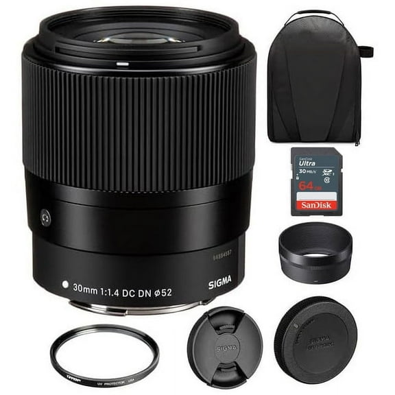 Sigma 30mm f/1.4 DC DN Contemporary Lens for Canon EF-M | EF-M-Mount Lens/APS-C Format, Rounded 9-Blade Diaphragm, Tiffen 52mm UV Protector Filter, 64GB Ultra UHS-I Memory Card, and Waith Camera Bag