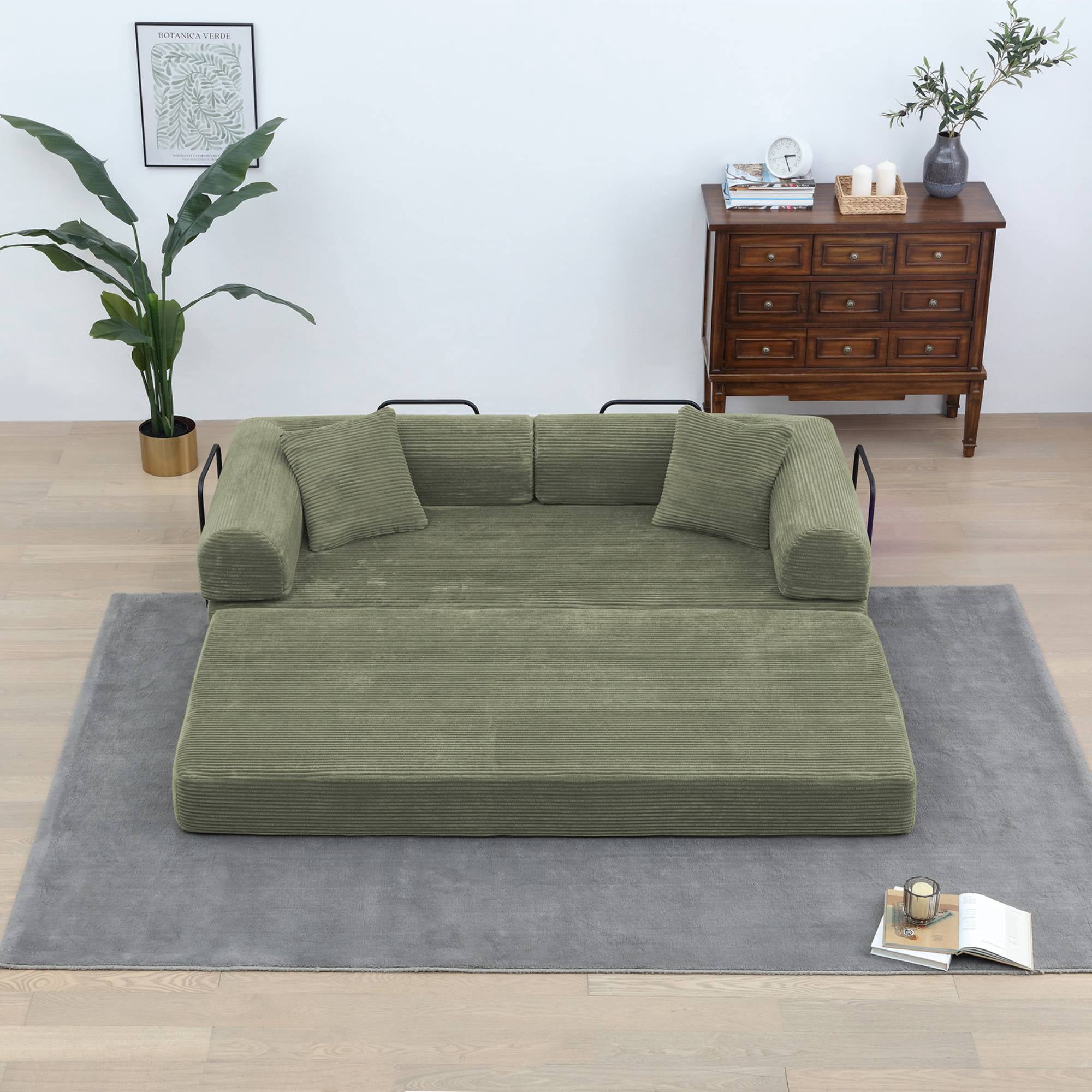 Convertible Sleeper Sofa Bed with Pillow, Corduroy Folding Mattress Floor Sofa Lounge Couch for Living Room, Bedroom, Light Green