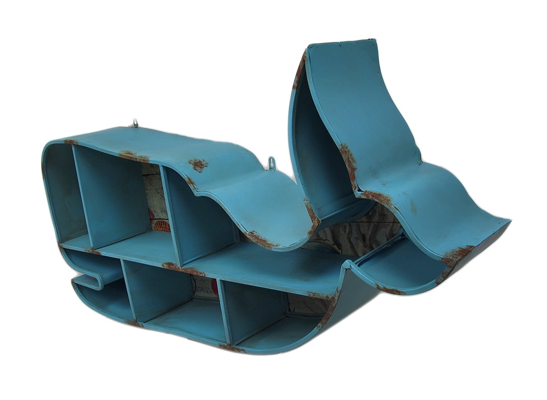Blue Whale Shaped Distressed Metal Cubby Wall Shelf
