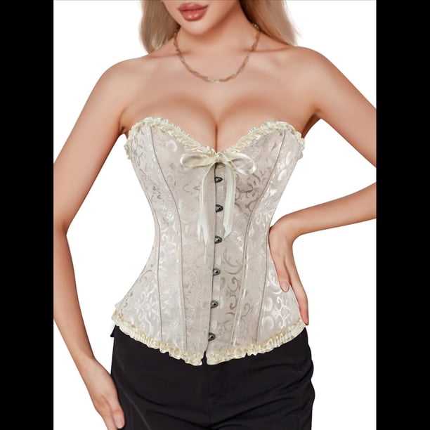 Corsé Moldeador con Cordones y Estampado Floral Renacentista para Mujer, Sin Mangas, con Cuello en V. Champán Dorado M