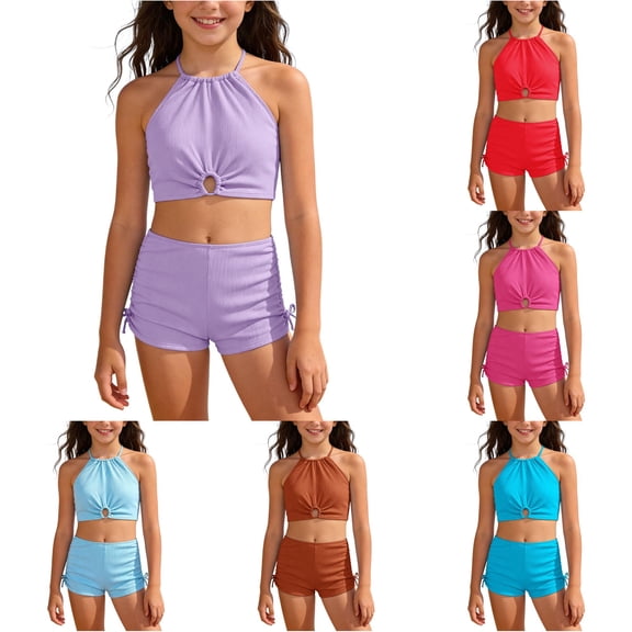 Shachafan Girls Summer Swimwear Solid Color Top And Swim Shorts Beach Two Piece Swimsuit For Youth Little Girls Swim Wear