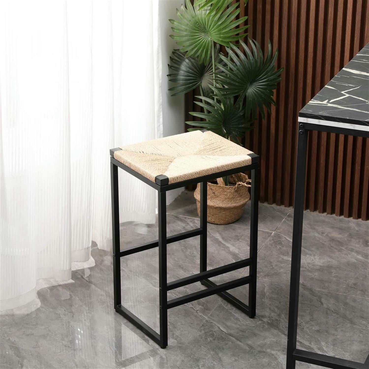 Demi Bonn 25" Counter Height Bar Stools Set of 2, Paper Rope Woven Barstools, Kitchen Island Countertop Chairs for Dining Room, Beige