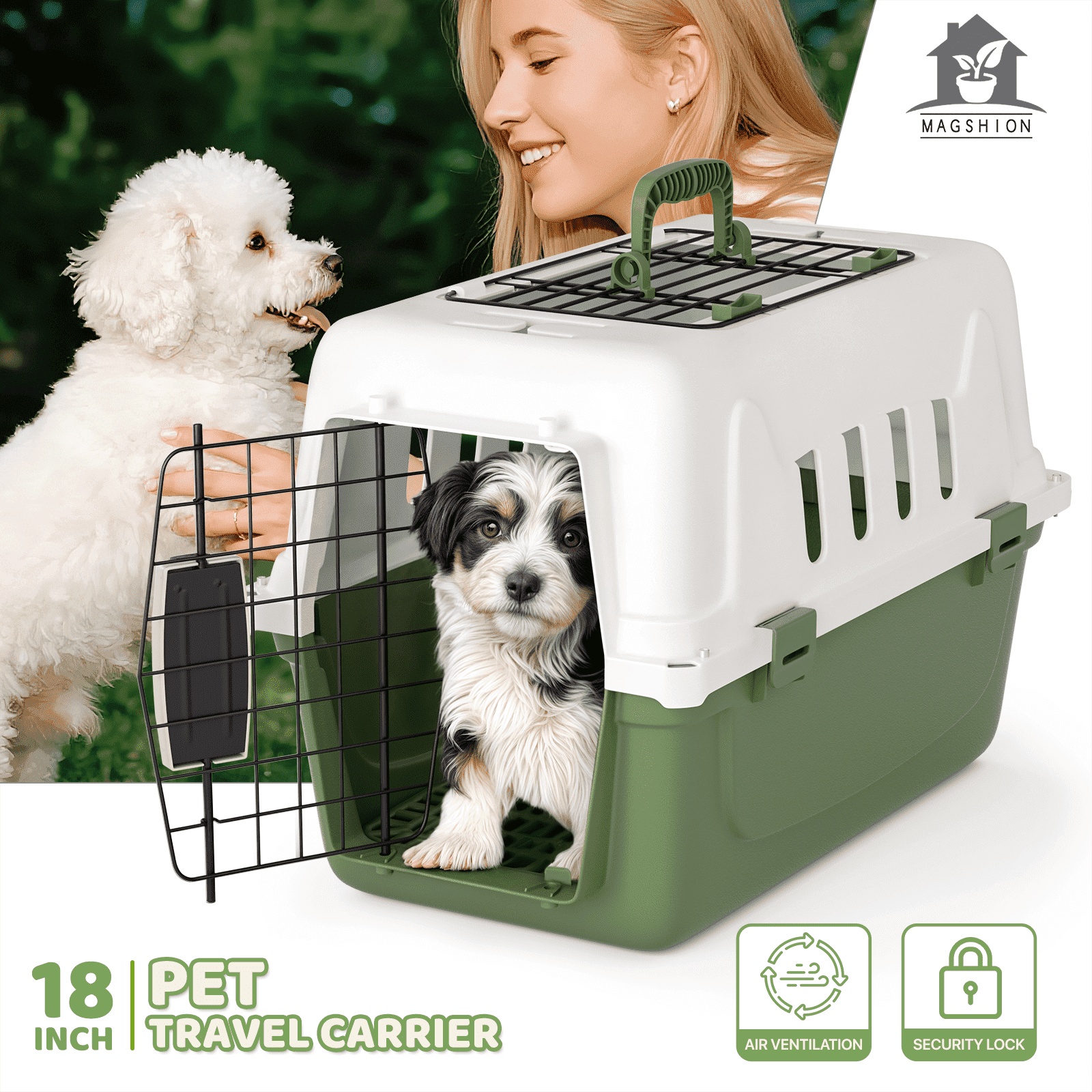 Magshion 18" Hard-Sided Pet Carrier, Portable Dog Travel Kennel Handbag Cage Transport Box with Handle and 2 Doors, Airline Approved, White/Green