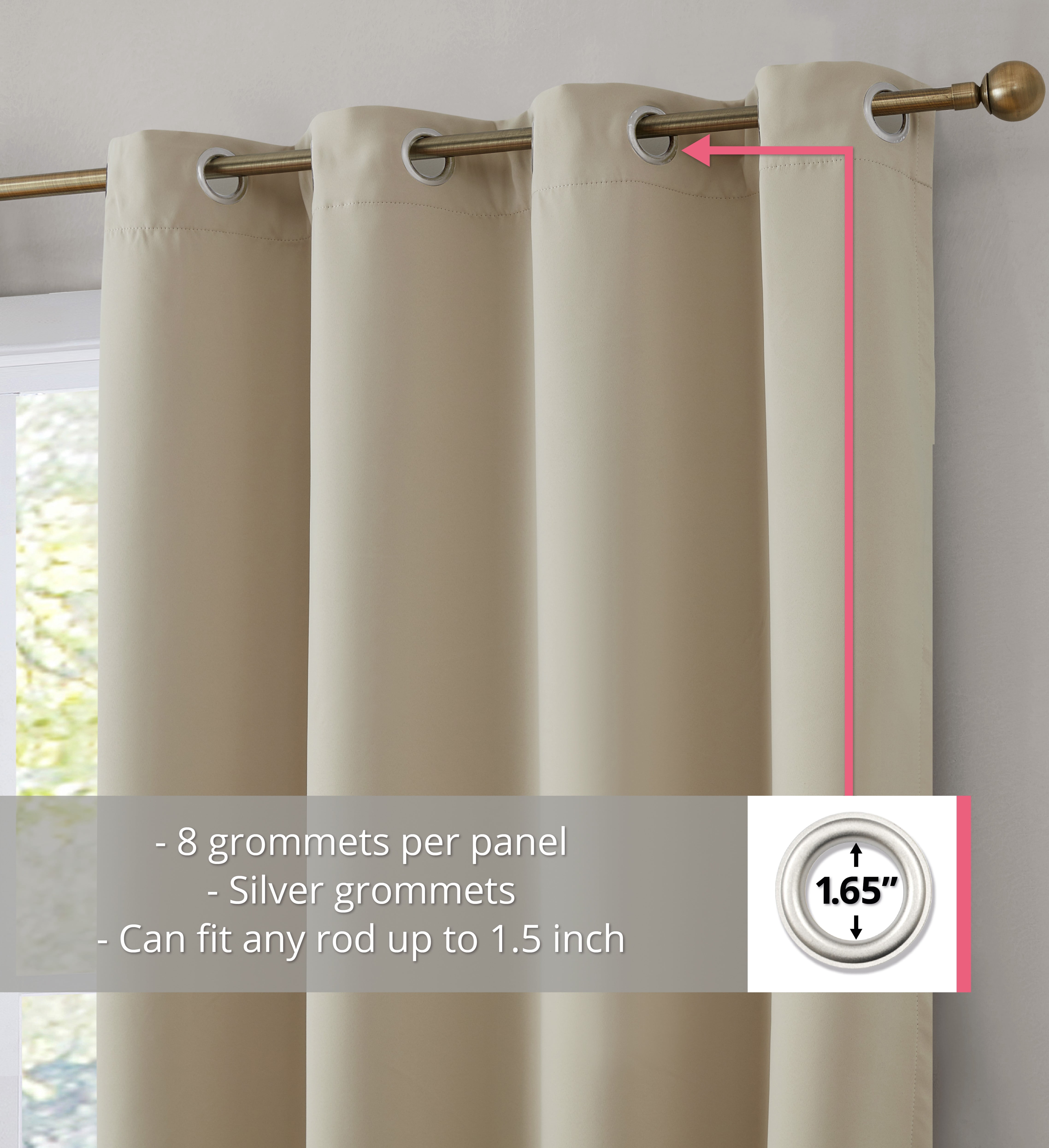 THD Virginia 100% Blackout Grommet Total Privacy Curtain Panels - Window Curtains for Living Room Bedroom - Set of 2 (Beige, 42 W x 84 L)