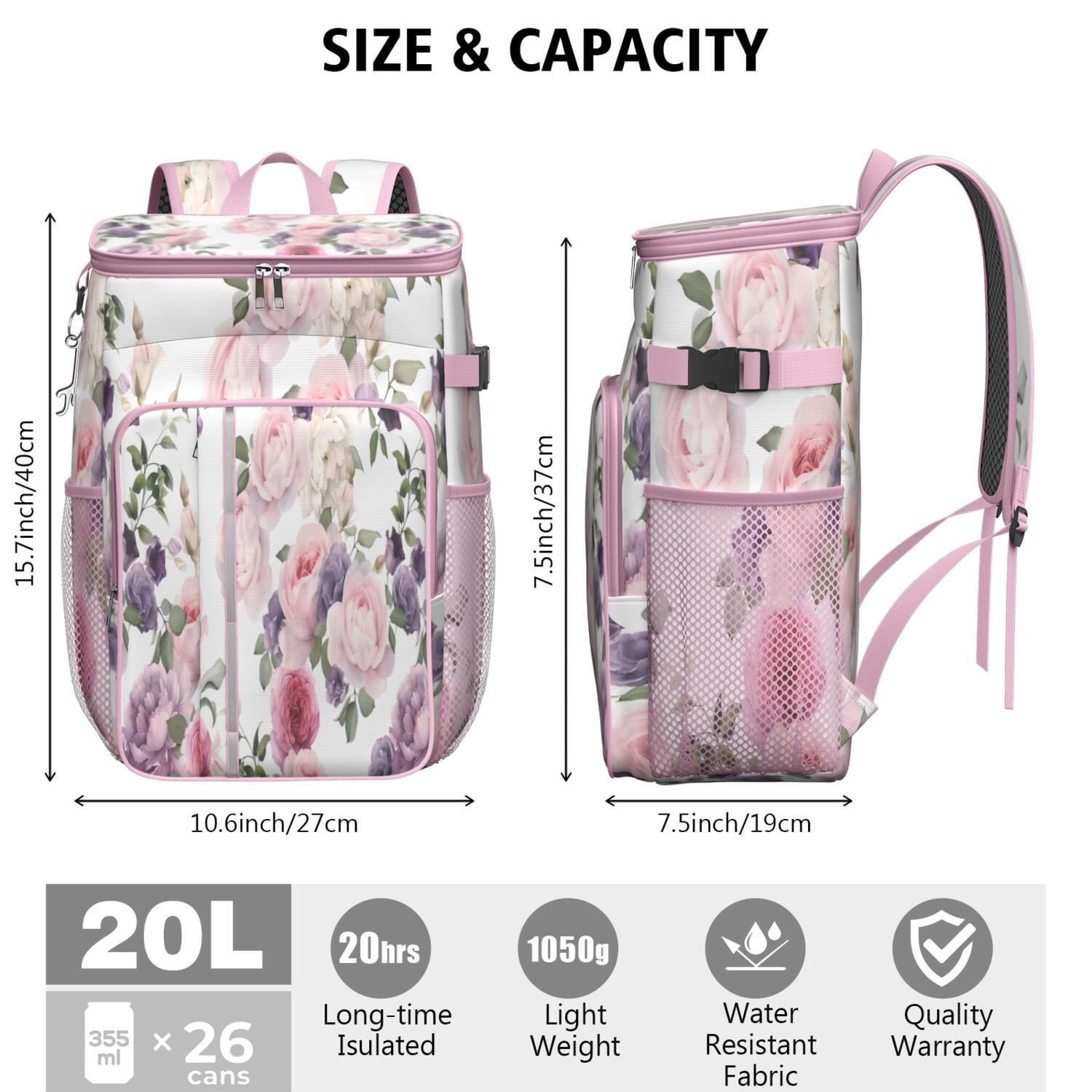 Travel Cooler Bag - Pioneer Flower Floral Print Pattern Camping Beer Cooler Backpack with Bottle Opener- Waterproof Insulated Picnic Backpacks - Cooler Bag for Beach