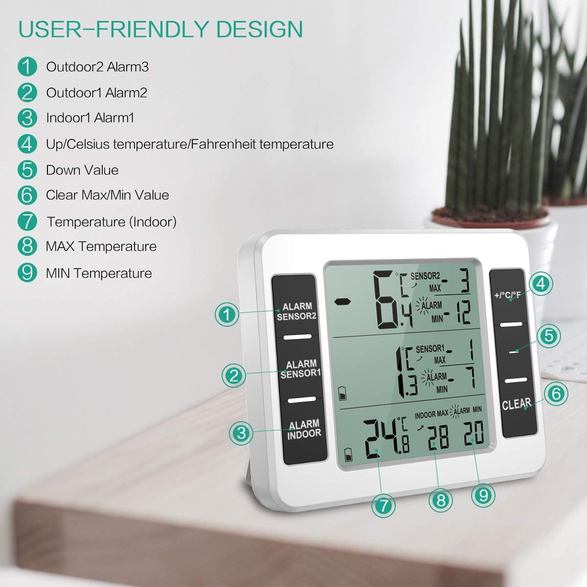Refrigerator thermometer, one to two, household wireless indoor and outdoor thermometer with 2 sensors, alarm display, wireless indoor and outdoor thermometer,1 drag 2