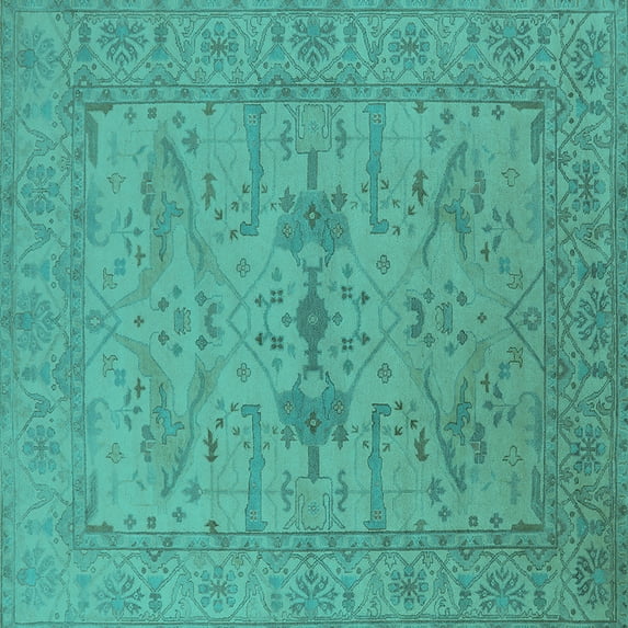 Ahgly Company Machine Washable Indoor Square Oriental Turquoise Blue Industrial Area Rugs, 7' Square