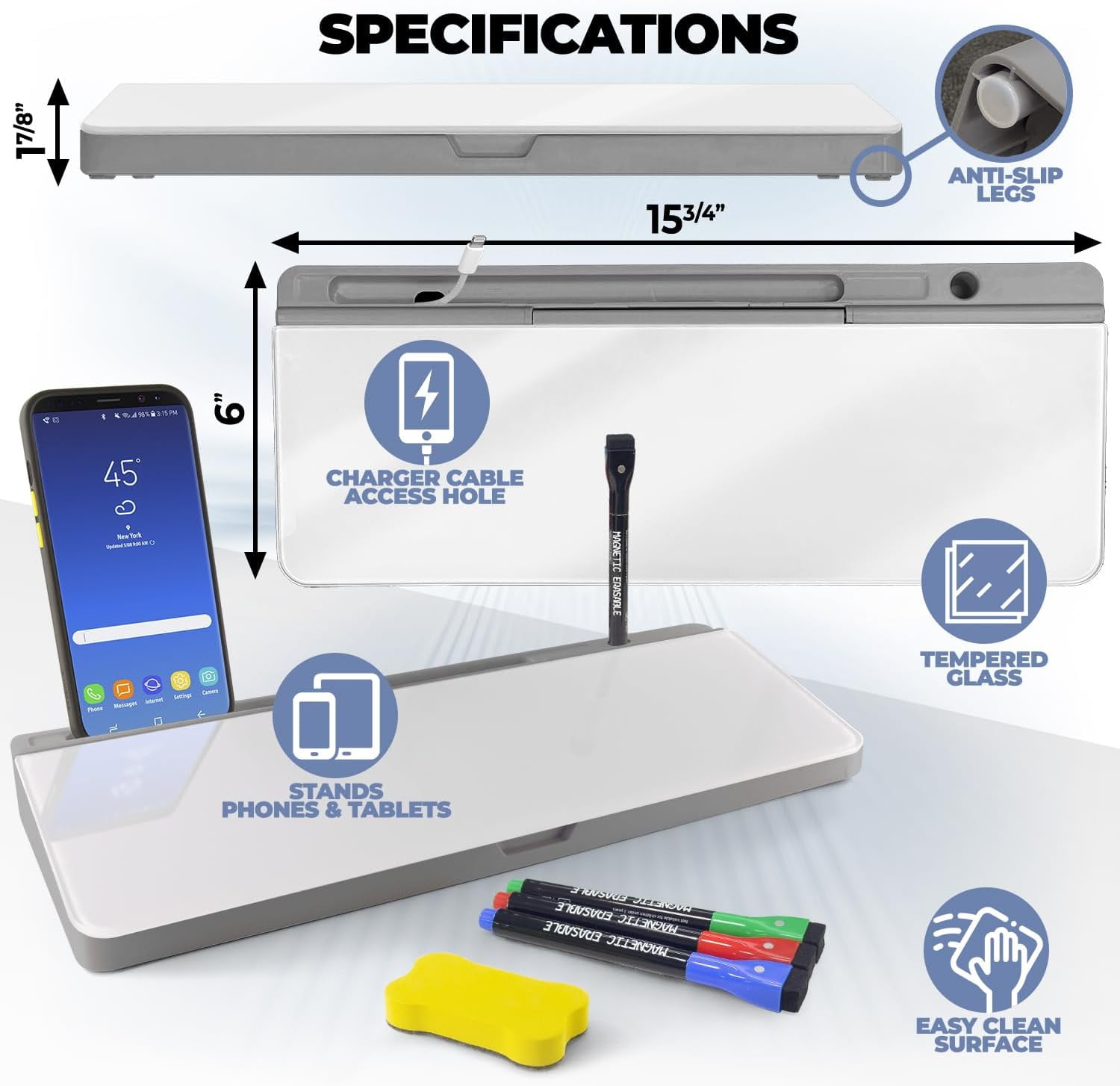 Desktop Whiteboard with Storage Compartment and Phone & Tablet Slot, Grey - Includes 4 Markers, 1 Eraser