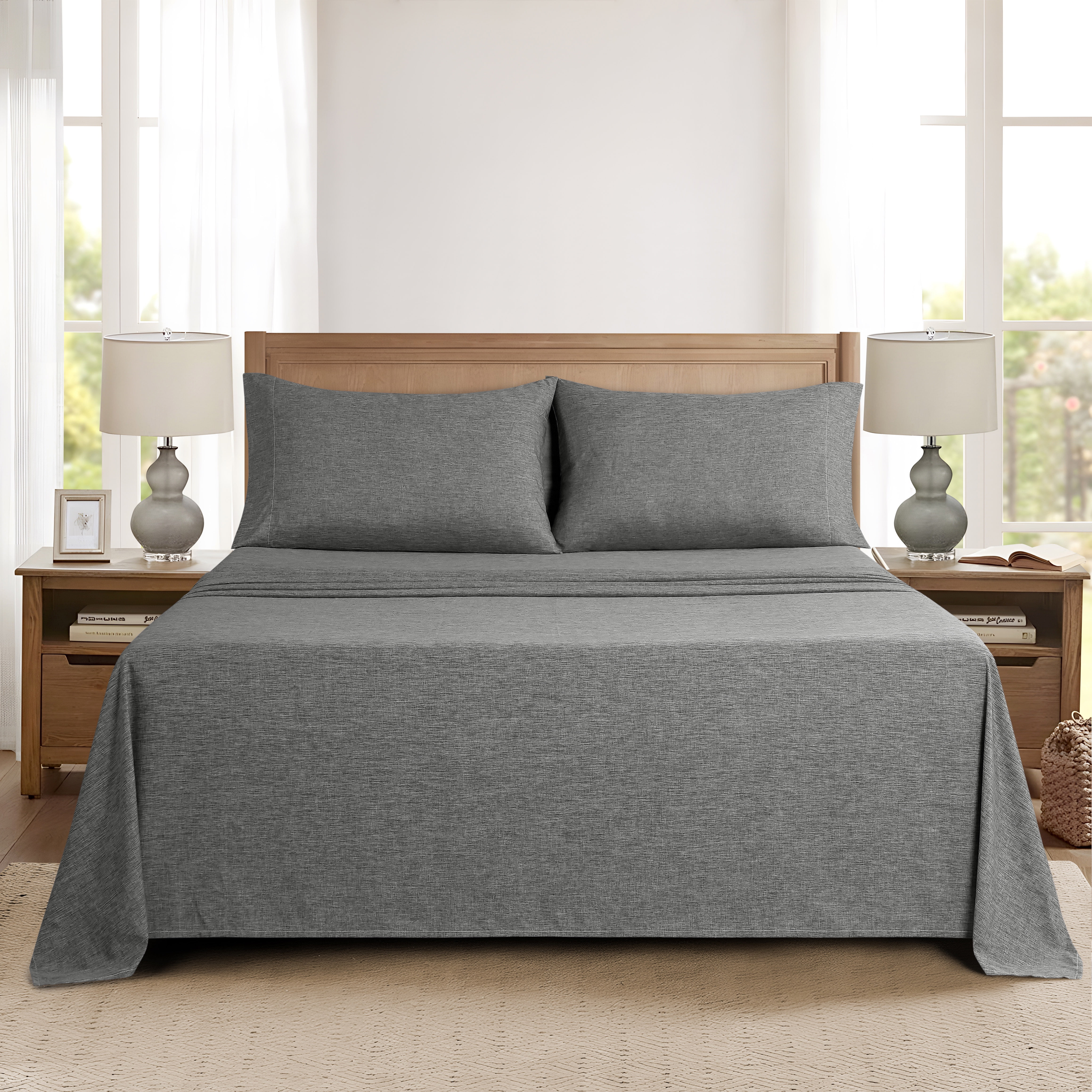 Mainstays Super Soft Textured Microfiber Bed Sheet Set, Queen, Charcoal Grey, 4 Piece