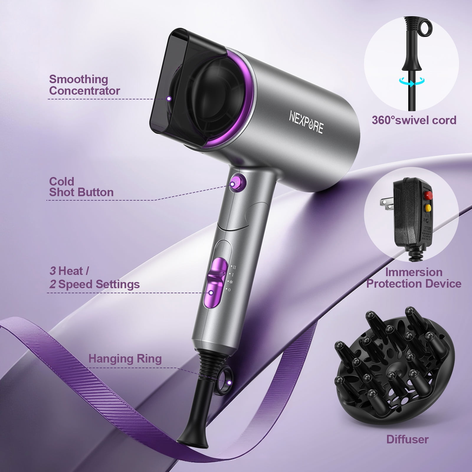 NEXPURE Ionic Hair Dryer 2000W with Diffuser and Concentrator