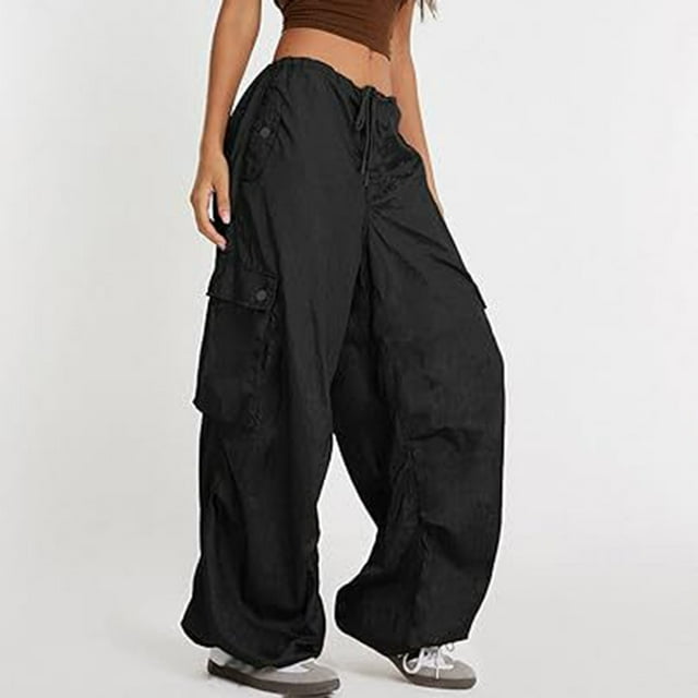 Reduced Price,Womens Casual Pants, Loose Fit Cargo, Pockets Drawstring, Low Waist, Solid Color, Comfortable Stretch, Versatile Everyday, Travel, Workout All-Weather Wear|100%Polyester,Black
