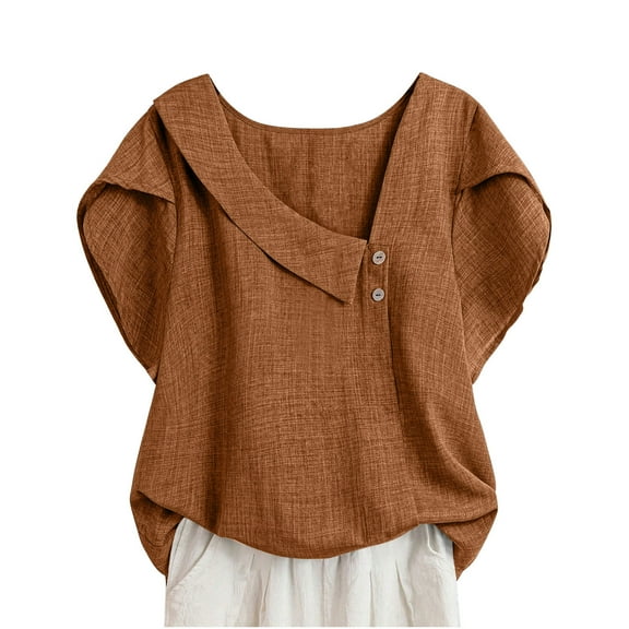 Wensltd Summer Plus Size Tops Women Stripe Linen Button Short Sleeve