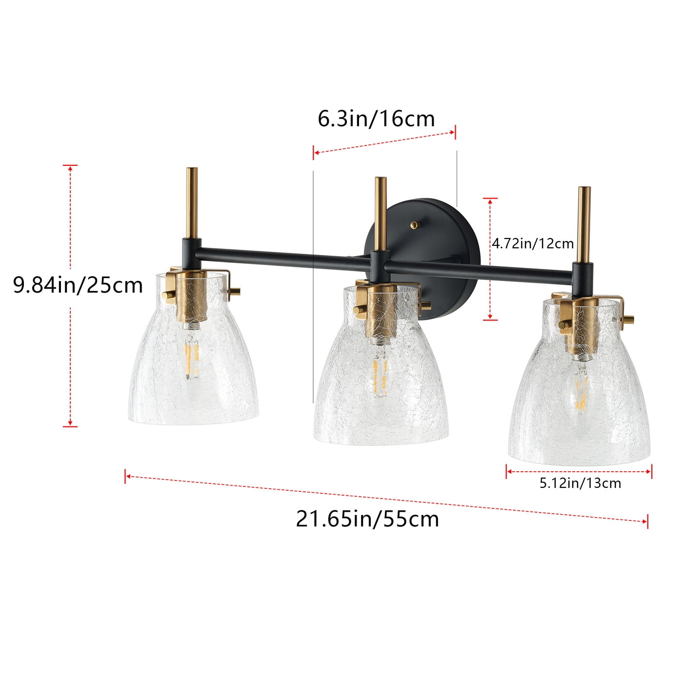 Farmhouse Vanity Light Fixture, Modern 3-Light bathroom Wall Light Over Mirror with Unique Crackle Glass Shade, Vintage Industrial Wall Sconce