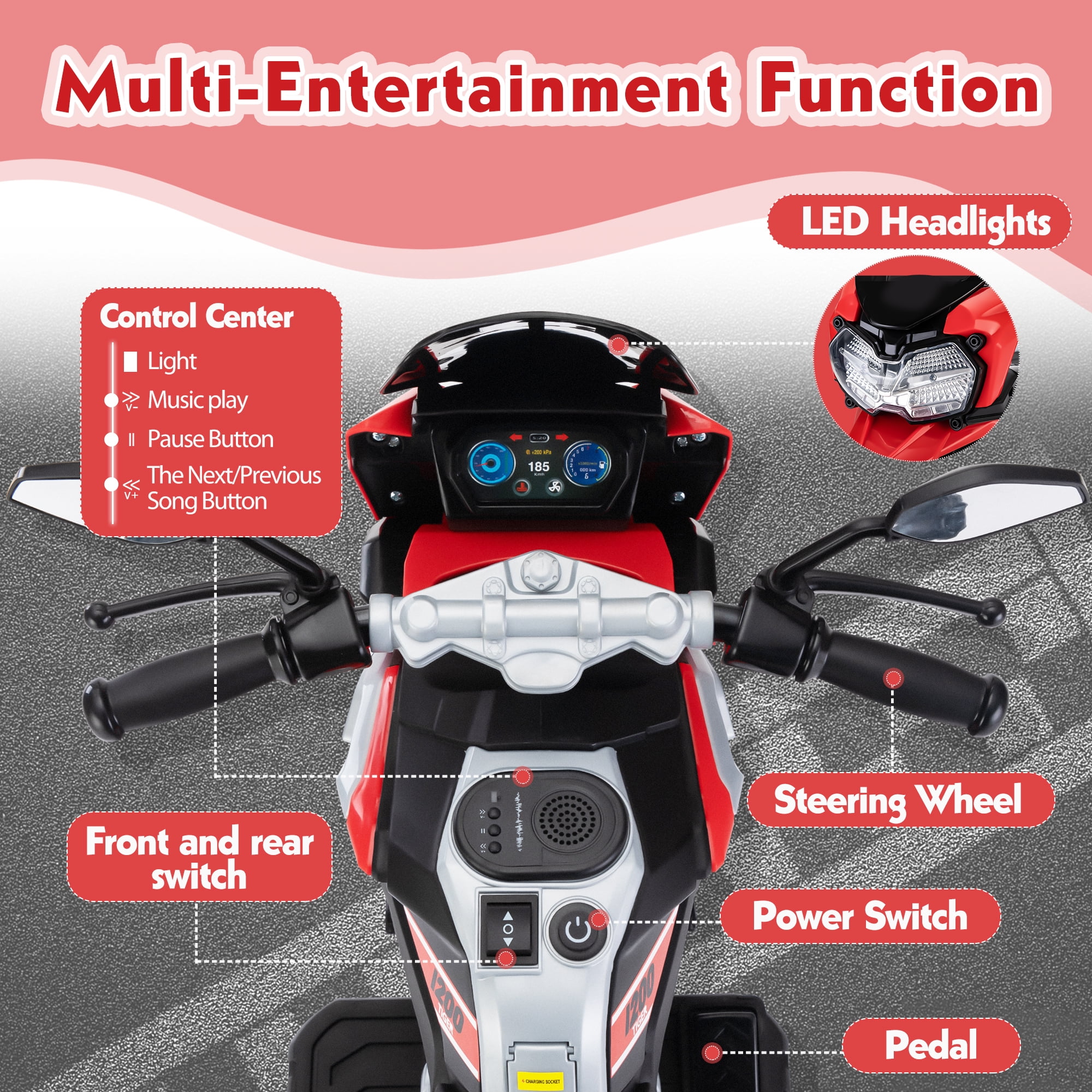 Electric Motorcycle for Kids Dirt Bike by TOBBI 12V Battery Powered Ride On Toy Rechargeable Motorbike w/Training Wheels Gift for Toddler Boys Girls Aged 3-6, Red