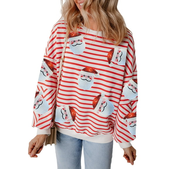 Women's Orange Stripe Sequin Santa Claus Pattern Christmas Pullover Sweatshirt - [ZhiHiMeRi] | (US 12-14)L