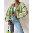thumbnail image 3 of Women's Long Sleeve Cropped Cardigan, Contrast Color V-Neck Loose Open Front Knit Sweater Kimono Coat, 3 of 7