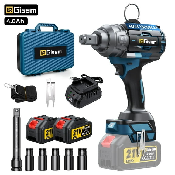 Gisam Cordless Impact Wrench,21V Brushless Impact Wrench 1/2 Inch,2 × 4.0Ah Impact Drill Tool Set Power Impact Driver With 4-Mode Speed, LED Work Light