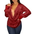 thumbnail image 1 of TSADFHJI Chemise à Manches Longues pour Femmes, Décontractée, Ample, Col en V Profond Plissé, Sequins, Rouge, 1 of 5