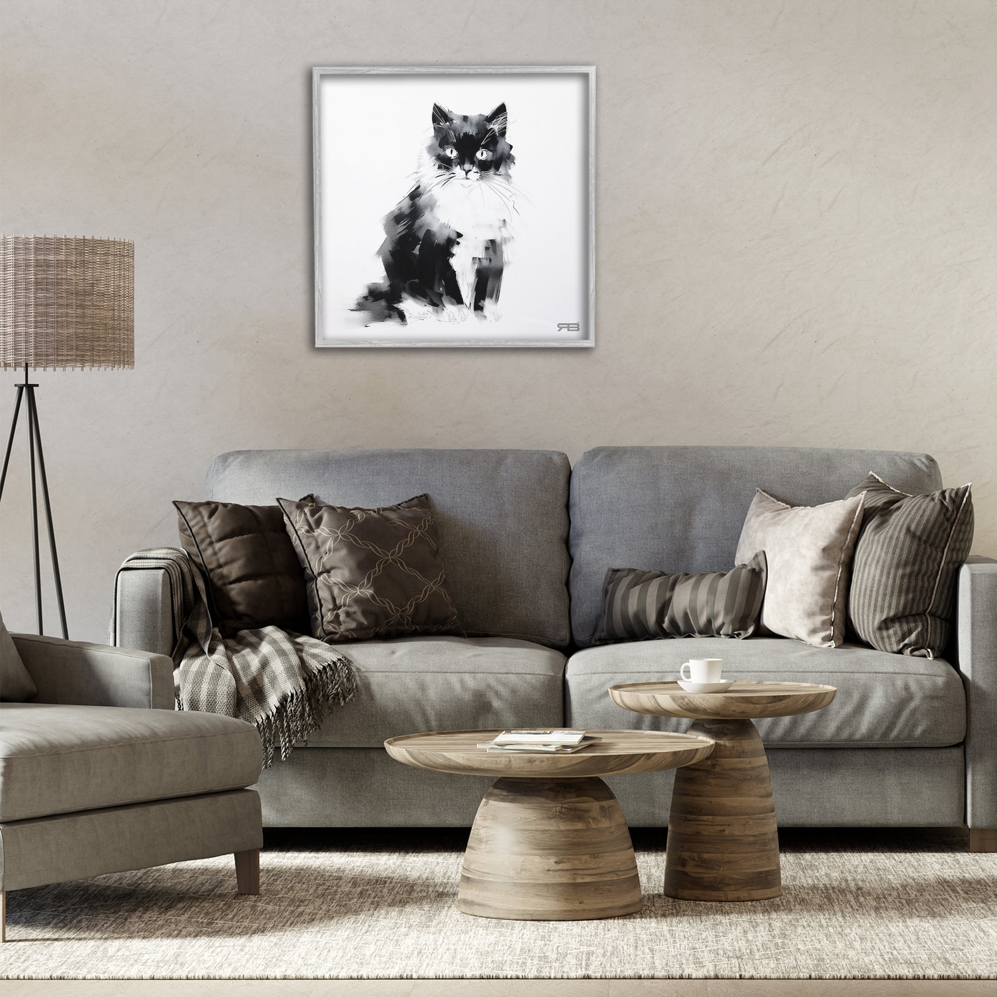 Stupell Industries Abstract Black & White Cat Animals & Insects Painting Gray Framed Art Print Wall Art, 24 x 24