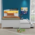 thumbnail image 2 of Solid Wood Bed Frame with Storage LED Headboard, Twin Size Trundle and 3 Drawers, Platform Bed Frame, Mid Century Bedframe, Wood Foundation(White, Twin), 2 of 9
