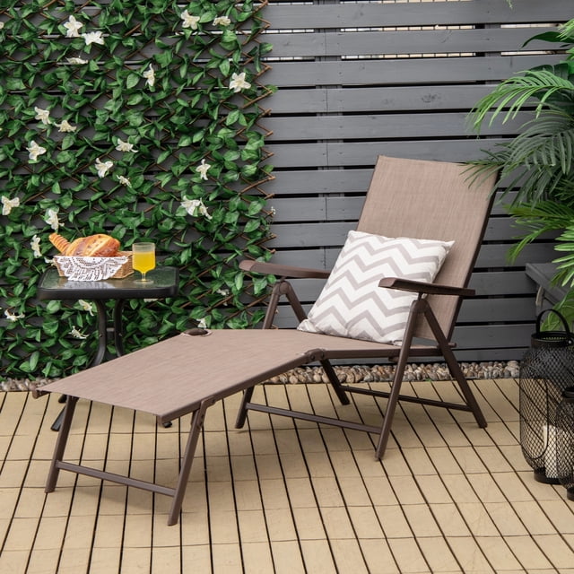 Tumbona de Jardín Plegable Costway Marrón Silla Reclinable para Exterior con Respaldo Ajustable en 5 Posiciones