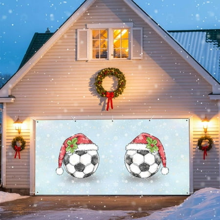Christmas Hat Soccer Christmas Garage Door Decorations, 6x13ft Garage Door Cover Banner with Grommets, Outdoor Garage Door Backdrop Mural for Holiday Party Wall Decor, Holly Berry Snowflake