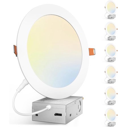 6 Pack 7 Inch 5CCT Ultra-Thin LED Canless Recessed Ceiling Light with Junction Box, 2700K/3000K/3500K/4000K/5000K Selectable, 15W=100W, 1300LM High Brightness, Dimmable Wafer Downlight-ETL&FCC