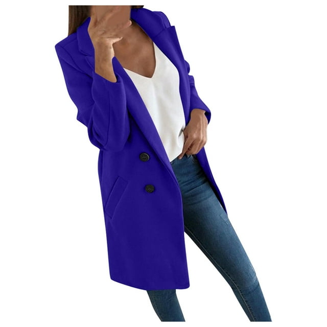 AWZXDE Manteau Trench Décontracté Confortable pour Femme avec Col Blazer Coupe Ajustée Longueur Longue Chaud Automne Hiver Manteau pour Usage Quotidien Bleu Foncé,TG