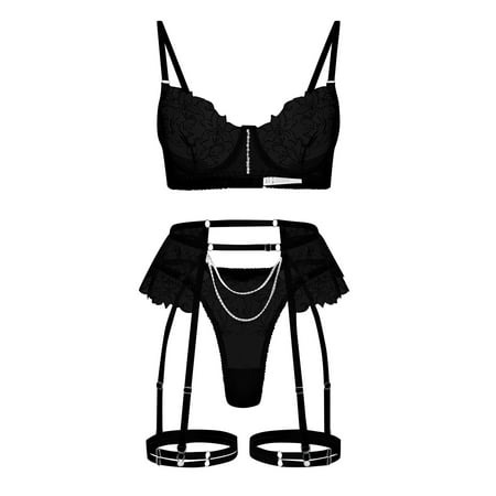 

PEASKJP Women Underwear Set Women Bra Lingerie Belt Nightwear Lace Push Underwear Garter Up Reoria Bodysuit Black S