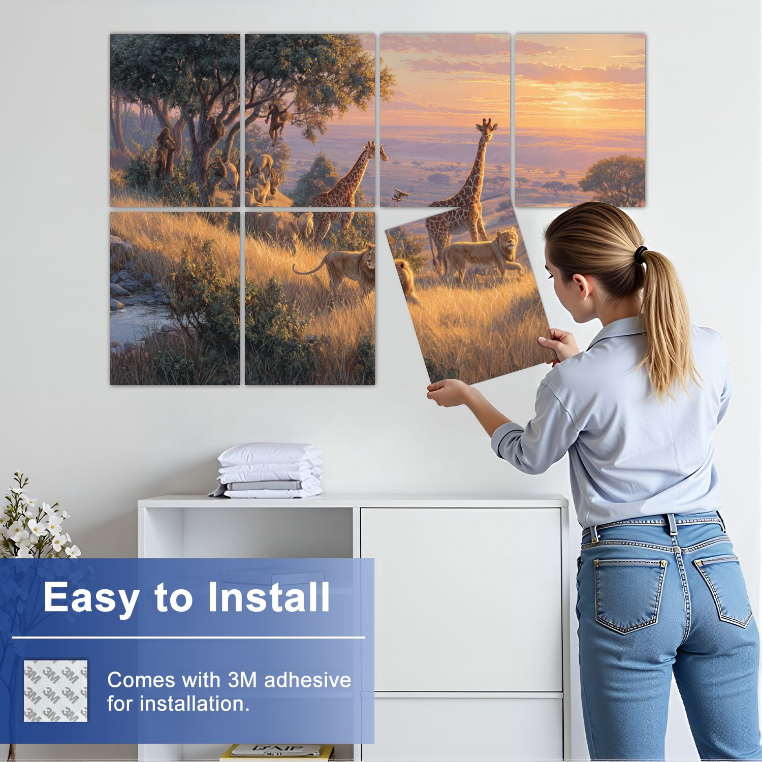 8 Pack Art Acoustic Panels Sound Absorbing Savanna Wildlife Golden Hour Lions Giraffes Decorative Soundproof Wall Panels Self Adhesive for Nursery Game Room Bedroom 48"x32"