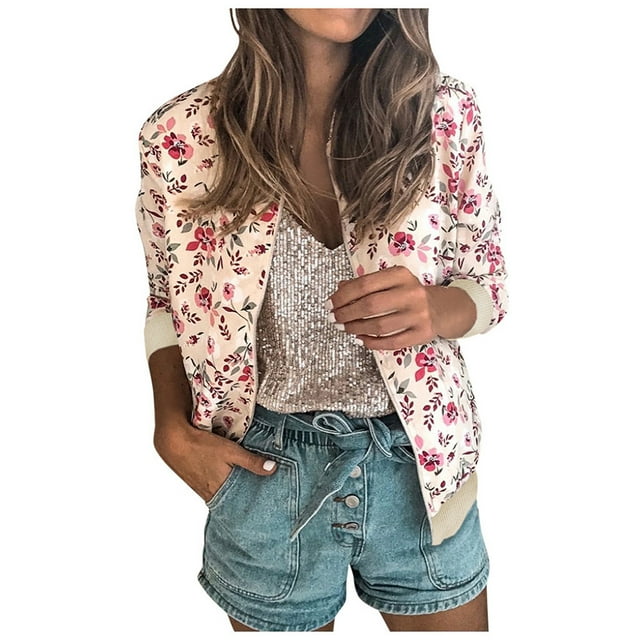 IROINID Veste Courte à Fermeture Éclair pour Femmes Col Montant Imprimé Manches Longues Décontractée Rétro Florale, Rose