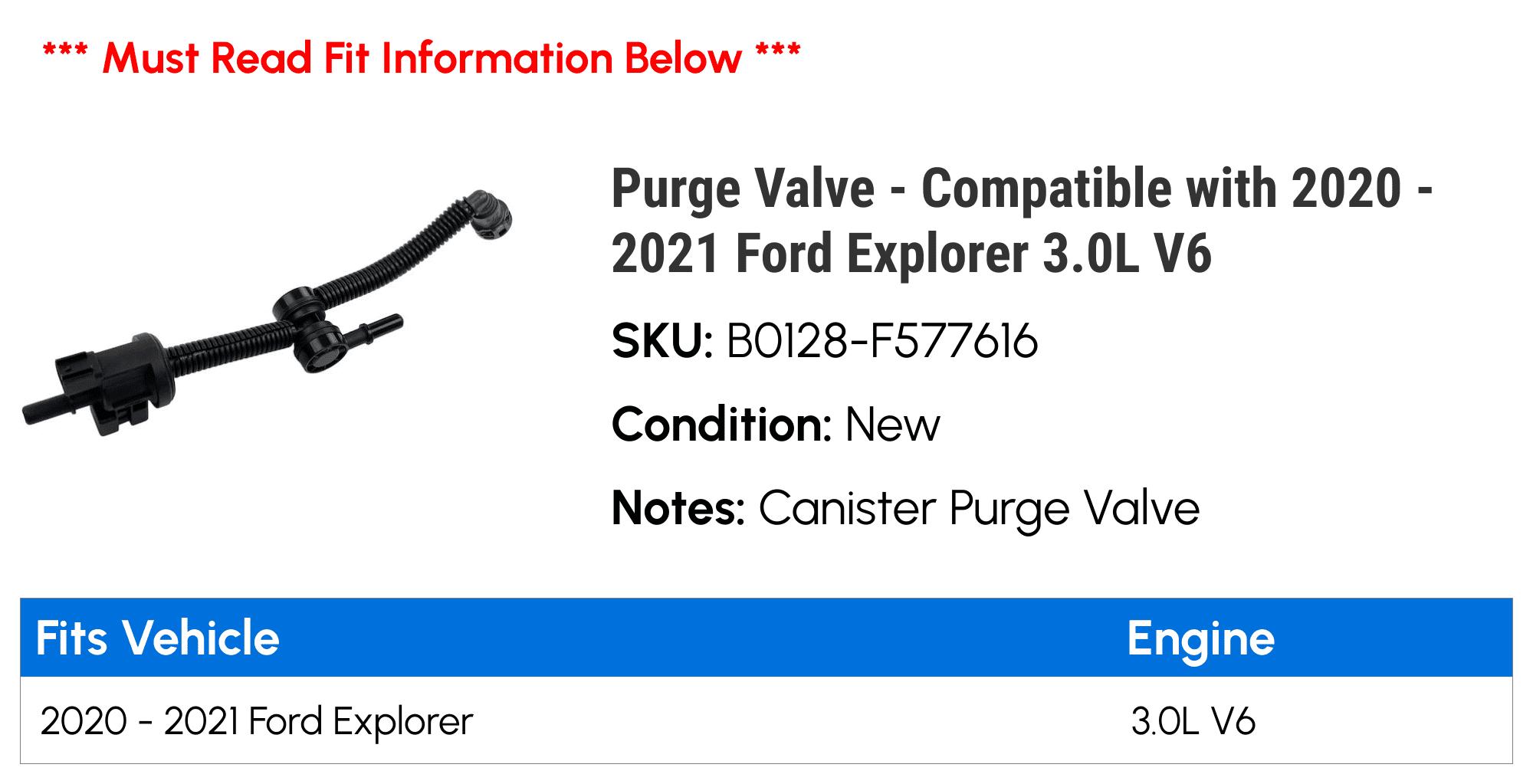 Purge Valve - Compatible with 2020 - 2021 Ford Explorer 3.0L V6 - Replacement