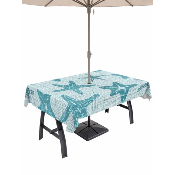 Outdoor Tablecloth with Umbrella Hole for Patio/Picnic/Party/Camping, Teal Starfish Coastal Waterproof Table Cloth Rectangle Table Cover Washable, Vintage Seaside Tropical (60"x 84")
