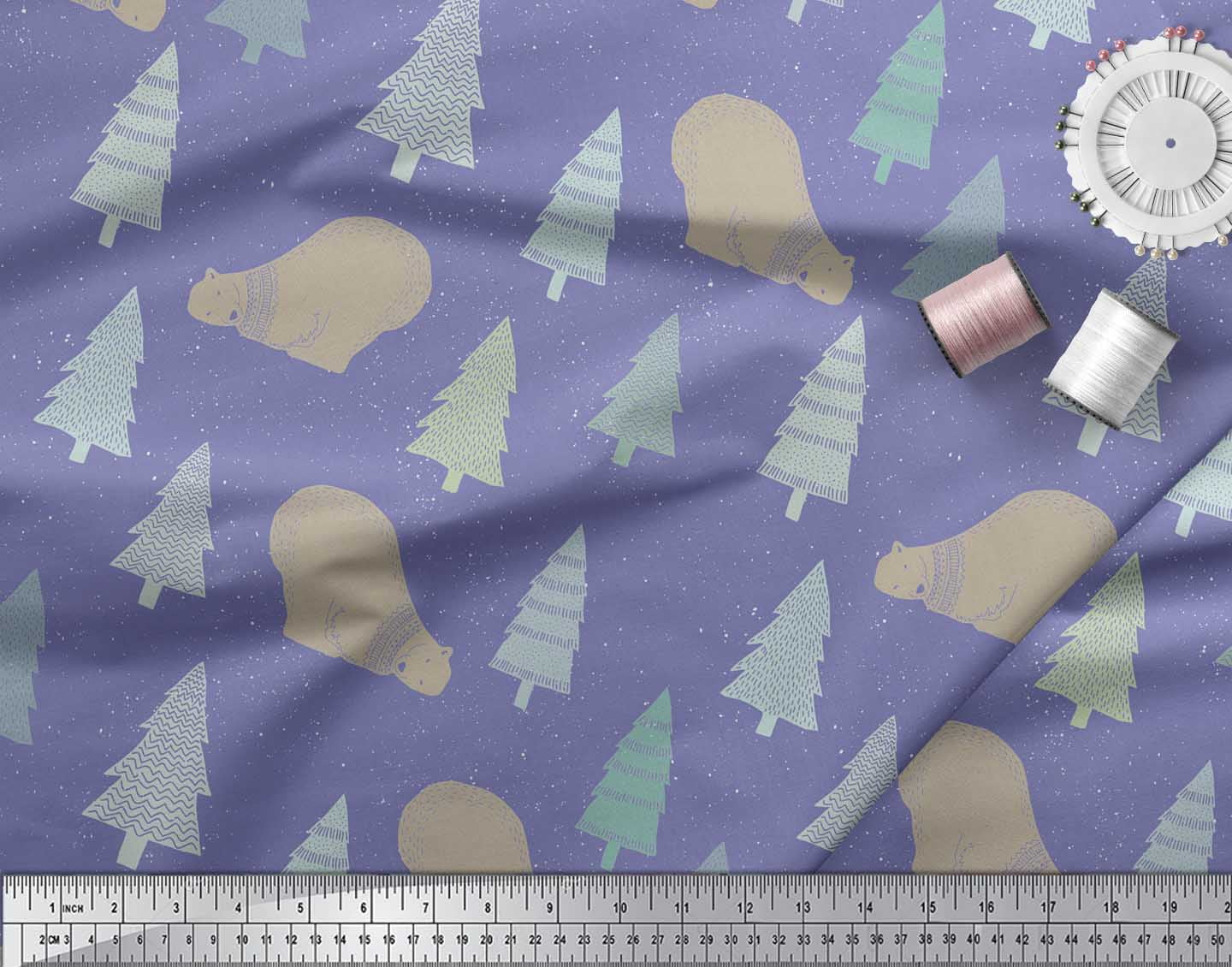 Soimoi Purple Cotton Voile Fabric Bear & Tree Christmas Printed Craft Fabric by the Yard 42 Inch Wide