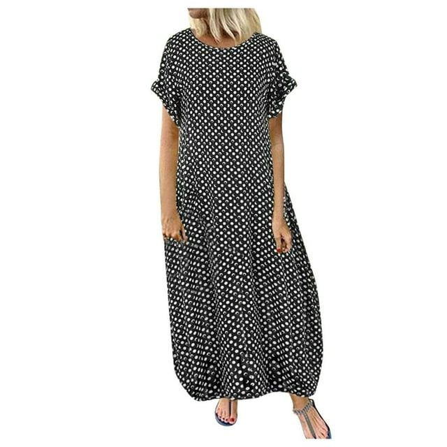 PENGXIANG Femmes Casual Polka Dot Imprimer Manches Courtes Robe Maxi