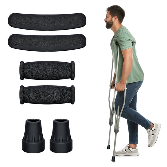 SupreGear Ergonomic Crutch Replacement Pads And Rubber Tips, Anti-Slip Comfort, Black, 6 Pack