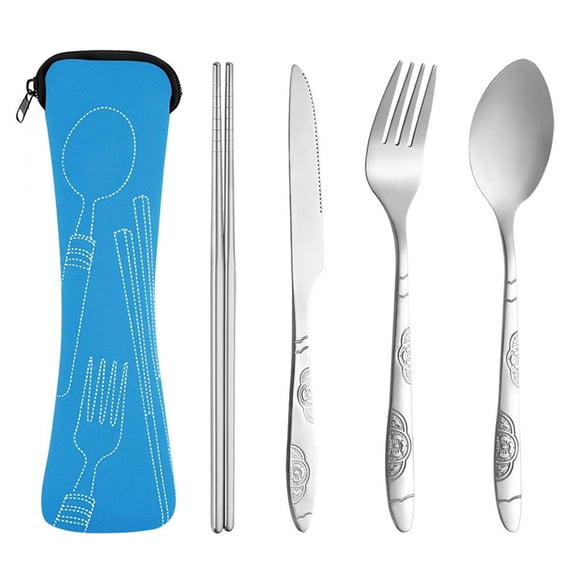 Agiufgs 5 Pack Stainless Steel Cutlery Set, Reusable Portable Utensils with Case, for Travel Camping Lunch Office Setup and Daily, Blue