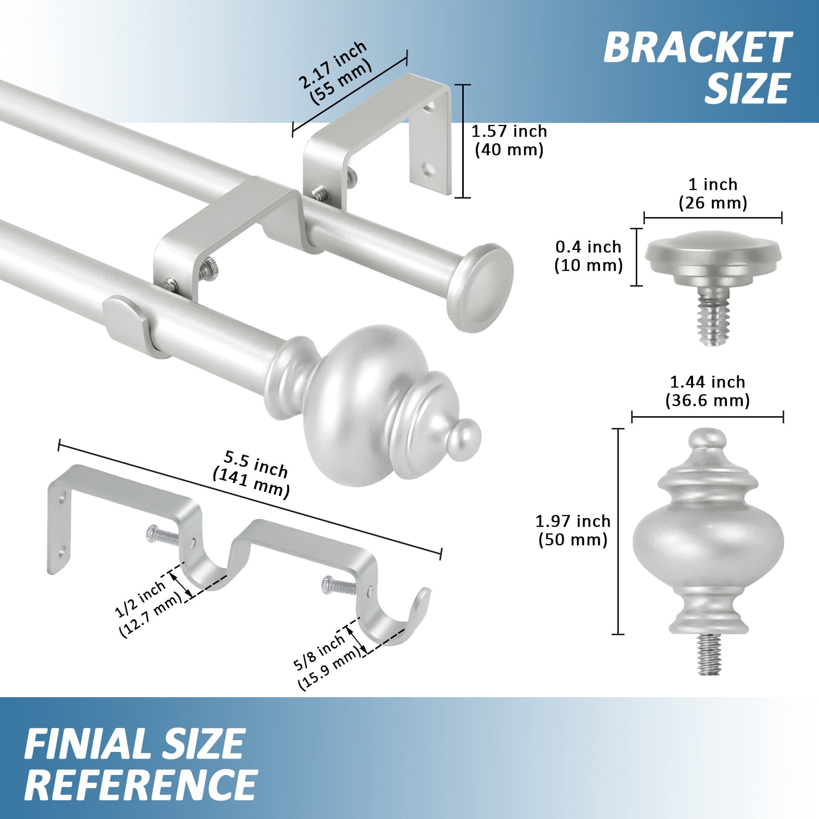 Urbanest Adjustable Double Curtain Rod Set Metal with Decorative Round Urn Finials, Heavy-Duty, 84"-120", Pewter