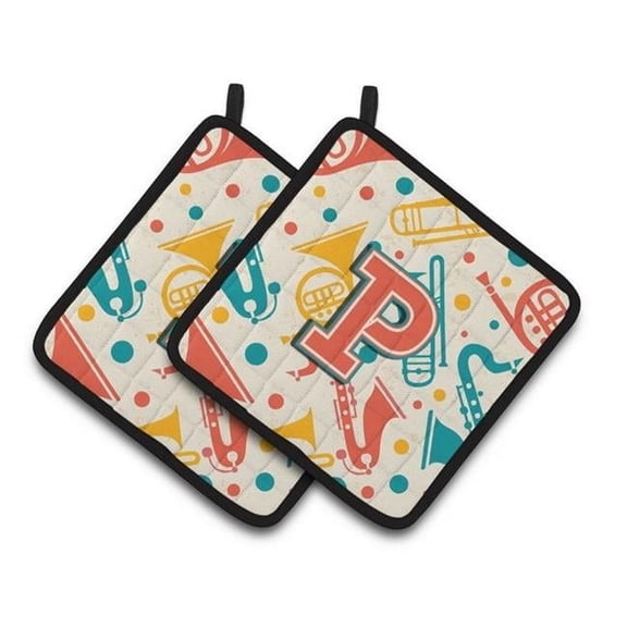 Carolines Treasures  Letter P Retro Teal Orange Musical Instruments Initial Pair of Pot Holders 7.5 x 3 x 7.5 in.
