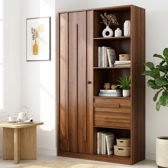 MORPAZX Freestanding Storage Cabinet with Fluted Door, 2 Drawers & Shelves, Walnut