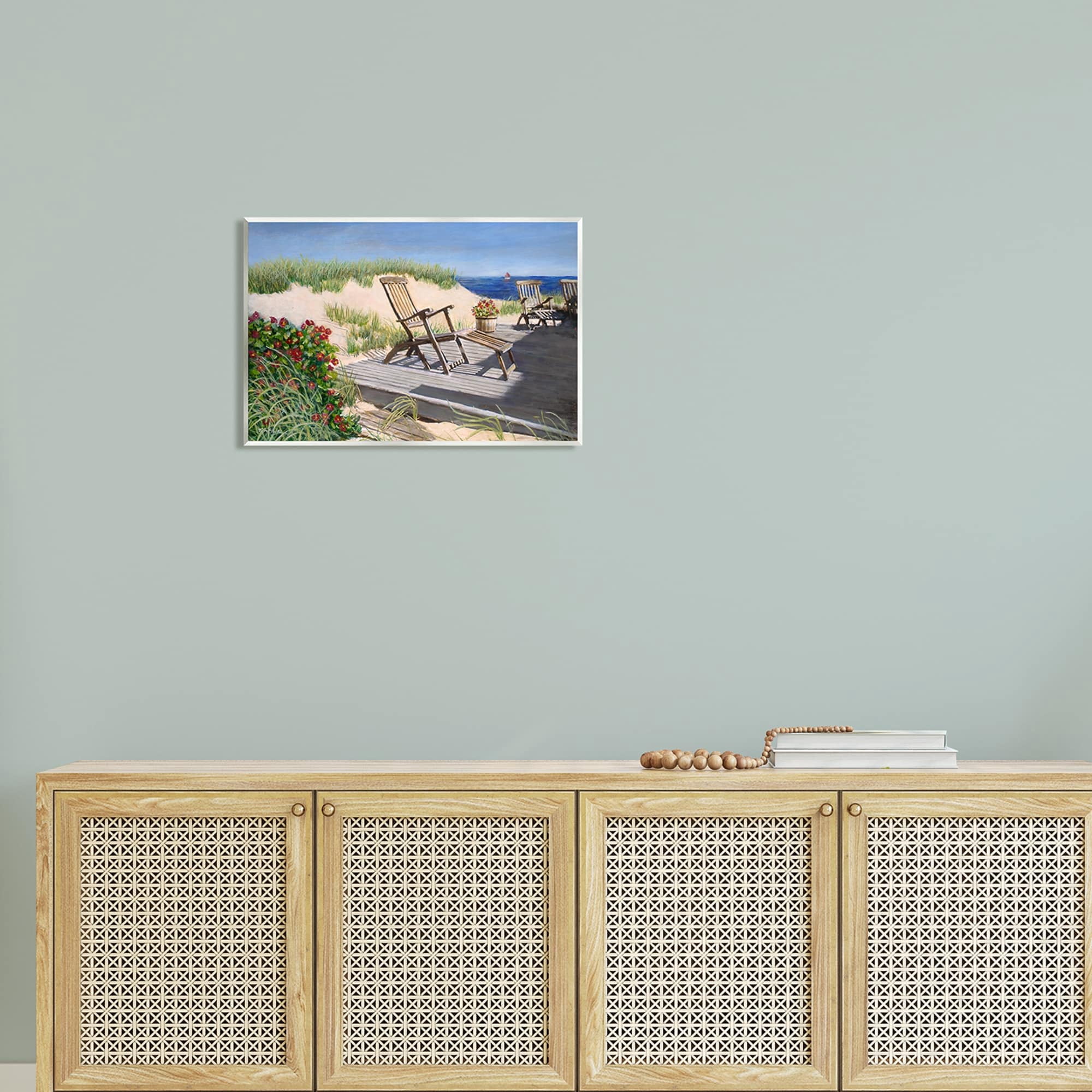Stupell Industries Relaxing Waterfront Boardwalk Beach Chairs Summer Scene Painting Unframed Art Print Wall Art, Design by Tom Mielko