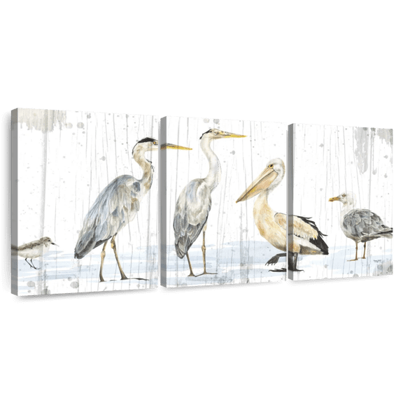 Elephant Stock Birds Of The Coast Rustic Panel Wall Art - Horizontal Multi Panel Canvas - Living Room Wall Decor - Animal Multi Panel - White And Gray Decor By Tara Reed - 26" x 12"