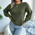 thumbnail image 3 of Women'S Solid Knit Cable Sweater Casual Long Lantern Sleeve Pullover Crew Neck Knitted Tops  Green S, 3 of 8