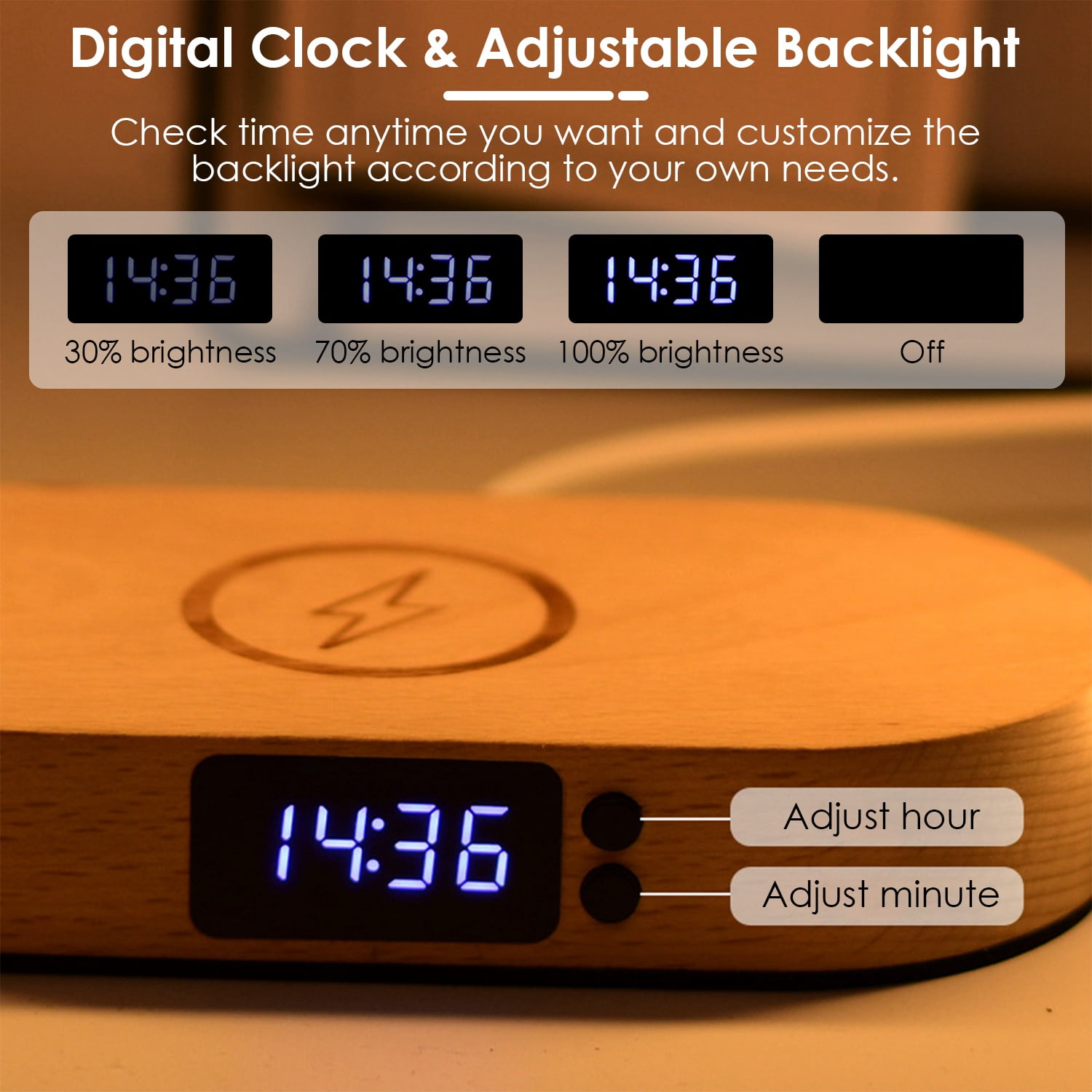 Moclever Bedside Table Lamp Wireless Charging LED Desk Lamp with Clock for Bedroom Office